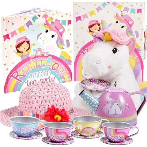Tickle & Main Rainbow Unicorn Tea Party Gift Set, Tea Set for Little Girls with Unicorn Plushie Cover