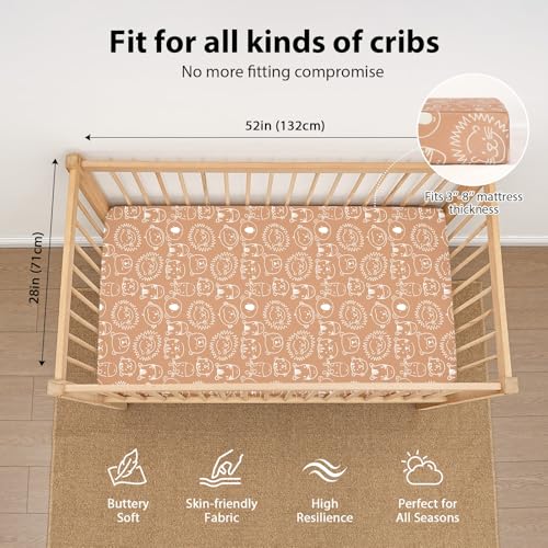 Image of Baby Crib Sheets for Boys and Girls, 3 Pack Toddler Bed Sheets for 52 inchx28 inch Standard Toddler Mattresses, Soft Microfiber Fitted Crib Sheets Neutral Orange Animal World