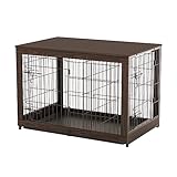 Piskyet Wooden Dog Crate Furniture with Divider Panel, Dog Crate End Table with Fixable Slide Tray, Double Doors Dog Kennel Furniture Large Breed(L:37.8' L*25.1' W*26.3' H,Brown Walnut)