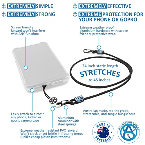 Action Sports Phone Anchor – Tough Outdoors Aussie Made Lanyard & Anti-Tangle Bungie Cord Leash Securely Tether Your Phone Procam Keys Wallet (Black) #TOP1