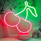HOHOSIGN Cherry Neon Sign Lights LED Lamp Cherry Decor Birthday Party Decorations, Green Red Accessories for Women Fruit Gifts, USB/Battery Operated Neon Sign for Table Decor Room Home Girls Bedroom