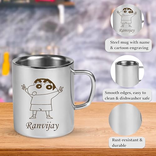 Image of SAVRI Personalized Stainless Steel Mug for Kids with Customized Name Engraved & Cartoon Design | 220 ml Double Wall Insulated Mug for School, Milk, Juice & Water (Shinchan)