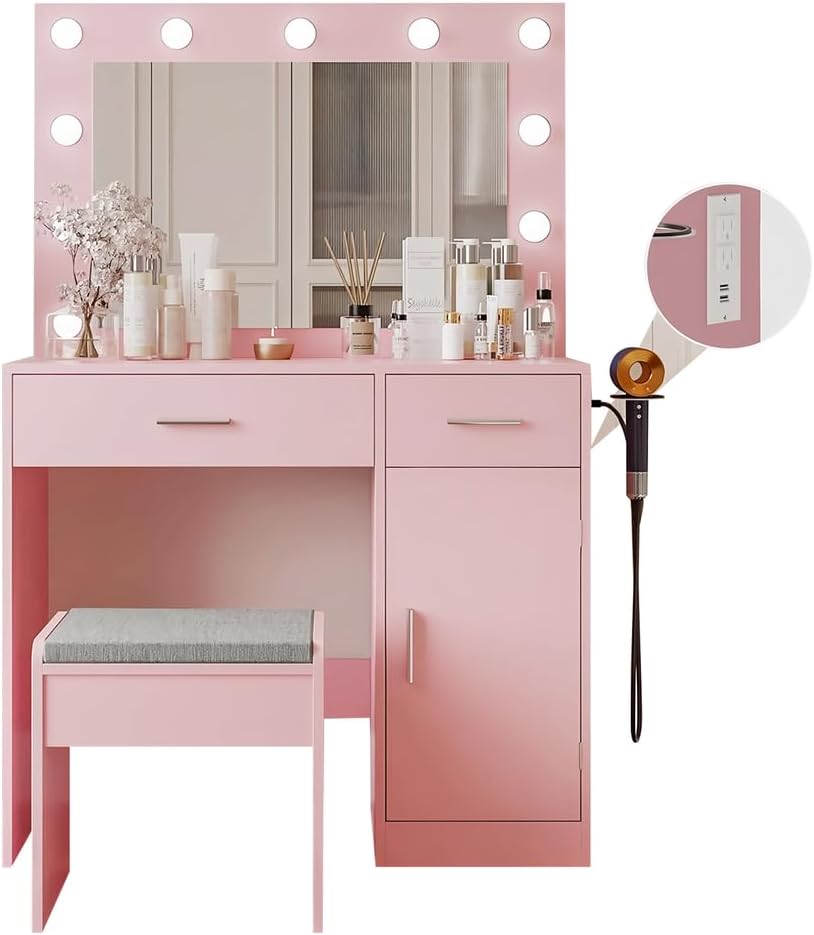 Makeup Vanity Desk with Lighted Mirror - Solid Wood Dressing Table Includes Stool, USB Charging Port and Secret Storage Compartment,Pink