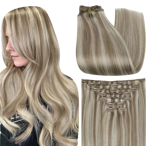 Image of Full Shine Clip in Extension Ash Blonde Highlight Light Blonde, 18 Inch | Hair Extensions Real Human Hair, Straight Natural Hair Extensions Clip ins, Double Weft, Add Thickness, 7 Pcs 120g