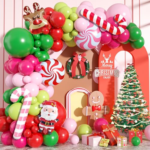 Image of Christmas Arch Kit, Red Pink Green Latex Balloon Garland for Xmas Party | Christmas Party Decorations with Red Pink Green Candy Crutch Balloon Garland for Holiday Celebrations and Seasonal Events