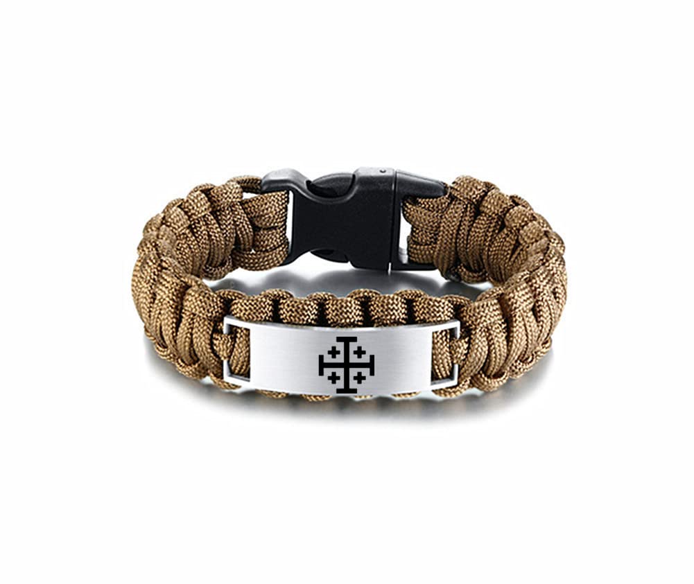 KBNSUIANMen's Holy Jerusalem Crusaders Cross Amulets Handmade Paracord Cuff Bracelet Bangle, 5 Crosses Catholic Greek Christian Symbol of Faith Wristband Jerusalem Jewelry Gifts, 9 inch