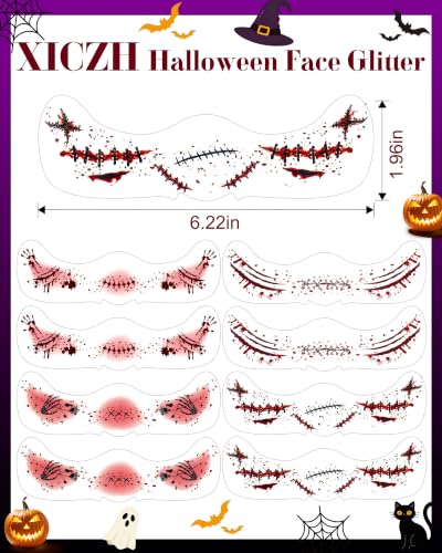 Image of XICZH Halloween Freckle Face Tattoos, Glow in the Dark Fake Stitched Wound & Bloody Scar Stickers, Waterproof Horror Makeup Patches, Zombie Cosplay Accessories for Adults Kids, Rave Party, 8 PCS