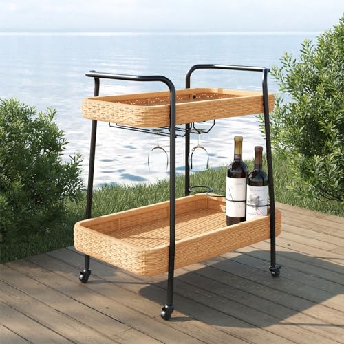 Grand patio Outdoor Bar Cart with Wheels, 2-Tier Wicker Rolling Bar Beverage Cart, Outdoor Serving...