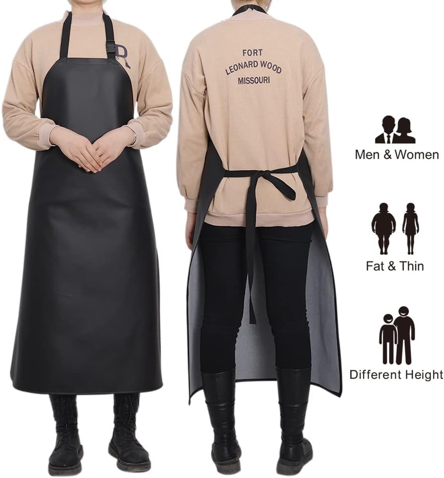 Black Waterproof Vinyl Apron - Large Faux Leather Apron with Adjustable Bib Ultra Lightweight for Dishwashing - Image 4