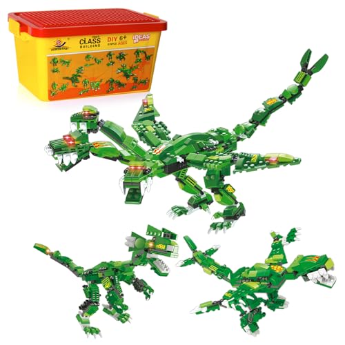 876 Pcs Building Blocks of Dinosaurs and Robots with 8 Models, EP EXERCISE N PLAY STEM Early Learning Creative DIY Assembling Sets for Boys Girls 6+ yr with Toy Bucket