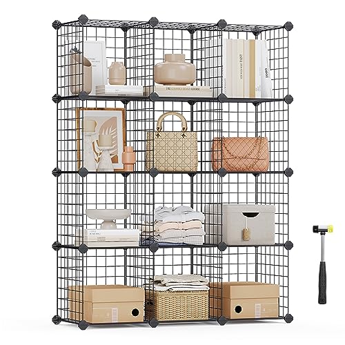 SONGMICS Steckregal aus Gitterplatte, Regalsystem, Würfelregal, Set aus 12 Würfeln, für Schuhe, Bücher, Wohnzimmer, Schlafzimmer, erweiterbar, 31 x 93 x 123 cm, schwarz LPI34H