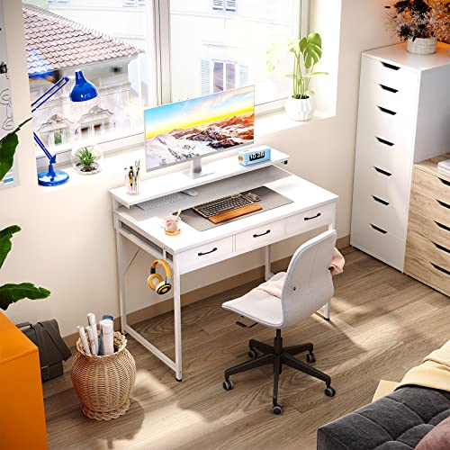 Odk 40 Inch Computer Desk With 3 Drawer And Large Storage Shelves, Home Office Desk With Monitor Shelf, Modern Work Writing Study Desk, White #TOP1
