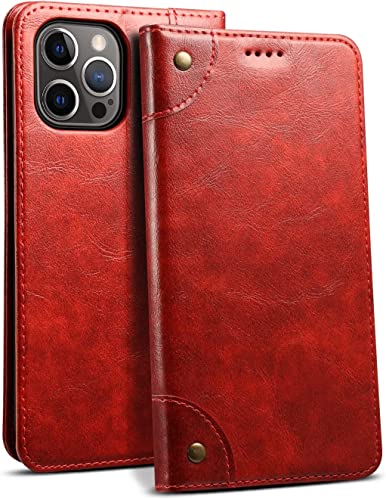 Funda de piel sintética vintage de alta calidad para iPhone 14 Pro color rojo con tarjetero