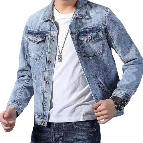 MRVTESYN Men's Spring Autumn Fashion Denim Jacket Classic Washed Jean Jacket with Chest Pocket Casual Lapel Trucker Jean Coat