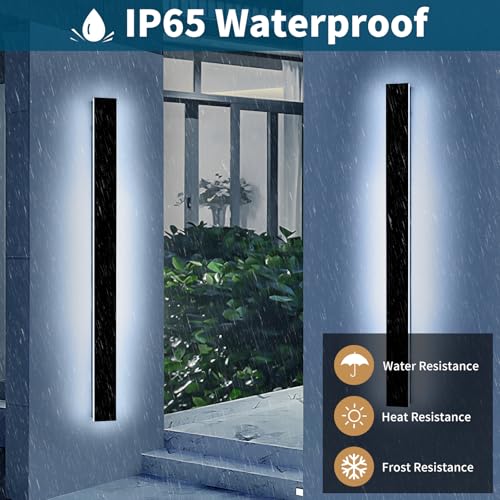 Image of 2 Pack 57inch Modern Outdoor Wall Lights, Long Strip Exterior LED Wall Sconce, 6000K Cold White, IP65 Waterproof, 50W, Black Outside Lighting Fixture for Porch, Garden, Fence, Balcony