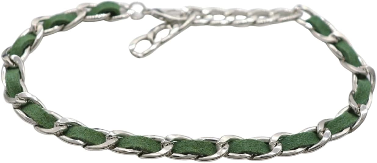 Women’s Boot Chain Anklets (PAIR) – Silver Curb Chain Woven With Green Faux Leather – Adjustable 12–15 In – Western/Cowgirl/Biker Boot Jewelry – Handmade In USA BC49