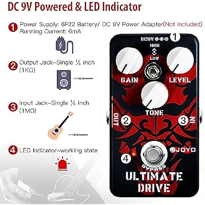 JOYO Overdrive Distortion Guitar Pedal, MOSFET Circuit Rich Harmonic Overdrive with Hi/Lo Tone Switch for Electric Guitar, Bypass (Ultimate Drive JF-02)