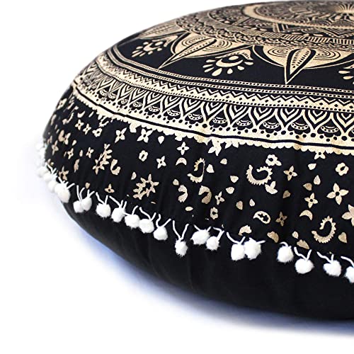 Craft Kala 32 Inch Boho Large Round Bohemian Floor Pillow Pouf Cover Oversized Mandala Meditation Room Pillows For Adults Big Seating Poufs Cushion For Kids Teepee Reading Playroom,Black Gold Trishul #TOP1