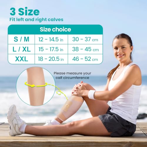 Image of Calf Brace Compression Sleeve for Torn Calf Muscle fit Men & Women, Innovative 2 Layer Elastic Bandage for Legs adds Extra Pressure for Strain, Swelling, Cramps, Varicose Vein -S /M (Beige)