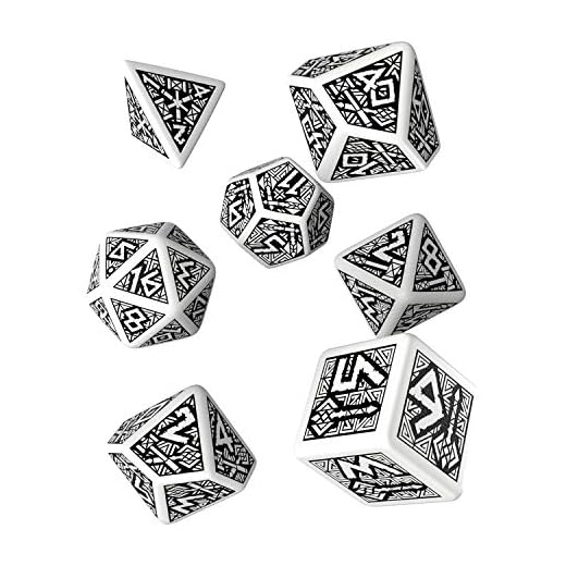 Q WORKSHOP Dwarven White & Black RPG Ornamented Dice Set 7 Polyhedral Pieces