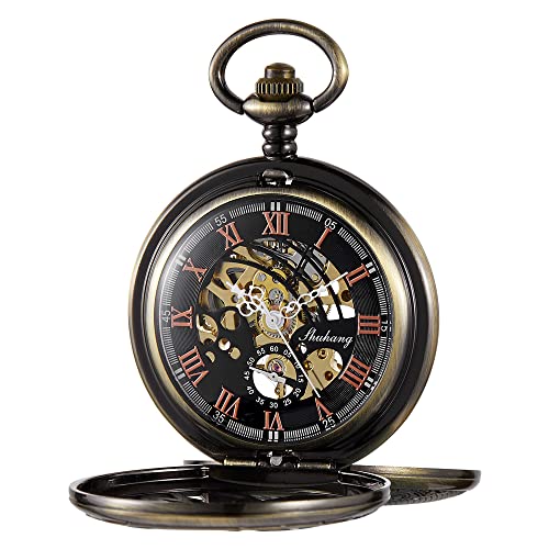 Whodoit Double Open Vintage Eagle Wing Mechanical Pocket Watch, Skeleton Case Roman Numerals Bracelet Men's Pocket Watch #TOP2