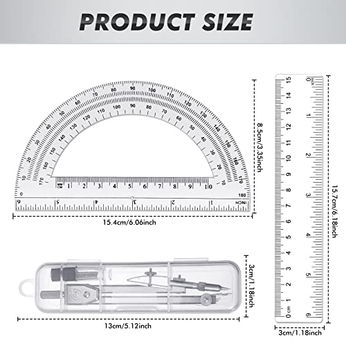 Zonon Conjunto de 3 peças geométricas de matemática, bússola de desenho, transferidor de 15 cm e rég