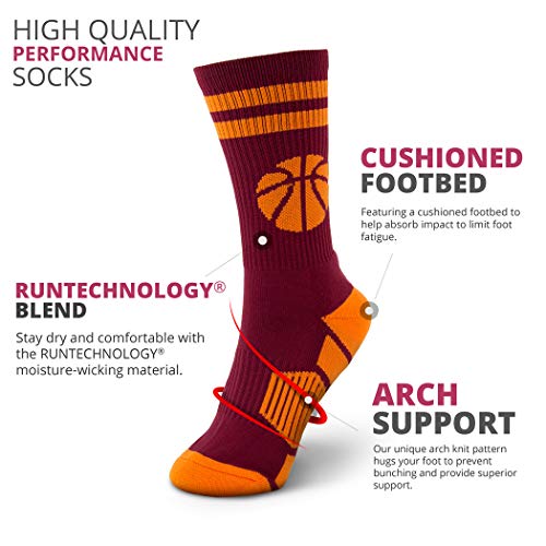 Chalktalksports Basketball Woven Mid-Calf Socks | Classic Stripe & Ball | Maroon & Orange #TOP2