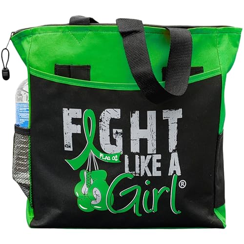 Fight Like a Girl Knockout Dakota Water-Resistant, Zippered Tote Bag Cerebral Palsy Kidney Disease Liver Cancer Awareness Gift for Survivors Women Chemo - Green