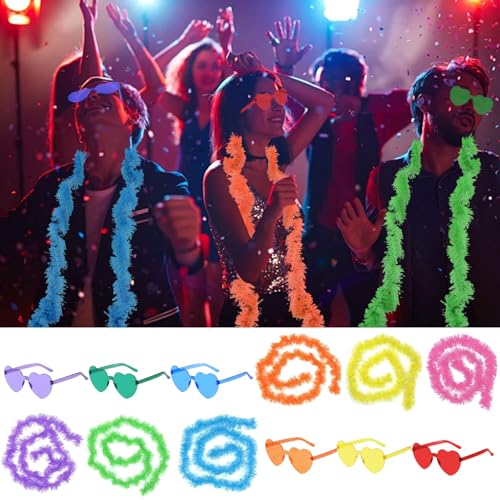 GWAWG Lot de 12 boas en plumes avec lunettes de soleil sans monture Boas de Plumes de déguisement,Feather boa pour Femme pour Cosplay, Halloween, avec Lunettes de Soleil sans Monture en Forme de cœur – vue 3
