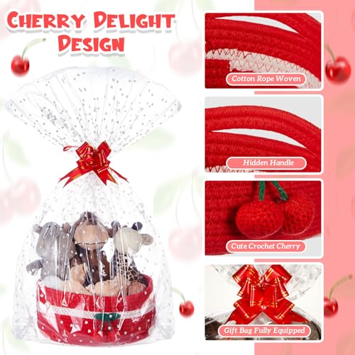 Image of Honeydak 2 Pcs Cherry Basket with Handles Easter Gift Red Decorative Cotton Rope Woven Basket with Gift Bag Ribbon Cute Oval Organizer Cherry Bathroom Decor for Nursery Pet Closet Shelf, 12 inchx 8 inchx 5 inch