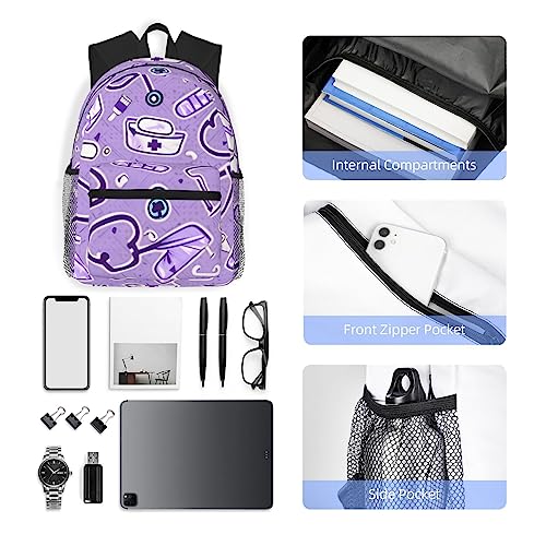 Sac à dos violet pour infirmière avec poches multiples et structure légère