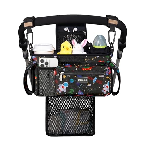 Image of TOPDesign Universal Baby Stroller Organizer, Stroller Caddy with Detachable Mesh Bag & Heightened Insulated Cup Holders & Non-Slip Secure Hooks Accessories, Fits Most Strollers (Space Exploration)