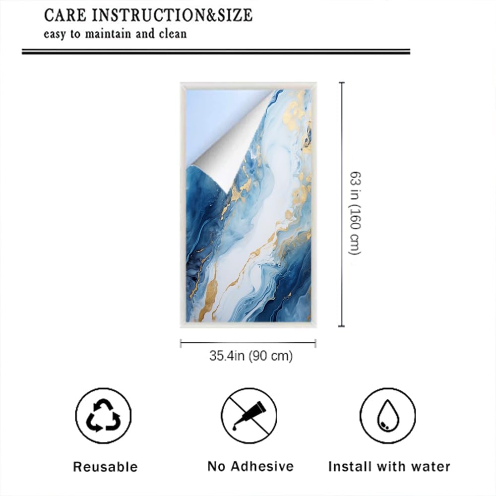 Beautiful Marble Texture Privacy Window Film Blue Gold Fluid Abstract Modern Stained Glass Window Coverings Adhesive Sticker Frosted Window Film for Home Office Stores 35.4Wx63L inch