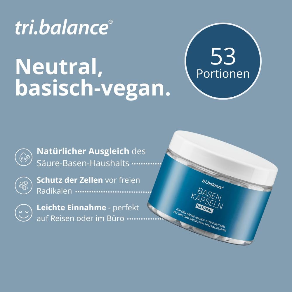 tri.balance Basenkapseln NATURAL 4er-Pack 640 Kapseln – mit Zink | 640 Kapseln mit basischen Mineralstoffen und veganer Kapselhülle; Zink trägt zu einem normalen Säure-Basen-Stoffwechsel bei