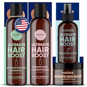 Moerie Shampoo and Conditioner Plus Hair Mask and Spray Mega Pack – The Ultimate Growth Care – For Longer, Thicker, Fuller Hair – Volumizing Products – Paraben & Silicone Free – 4 items