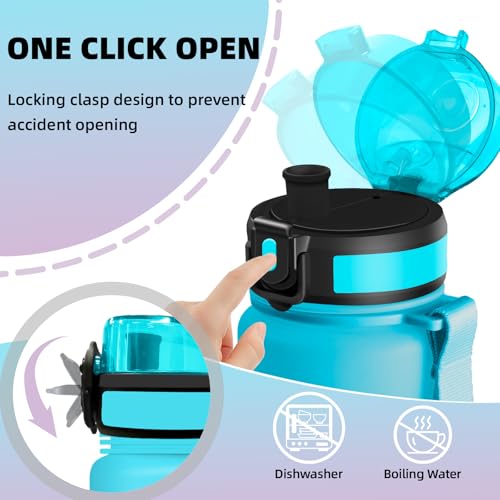 Trinkflasche 1.5l, Wasserflasche Sport, Trinkflasche Erwachsene, Wasserflasche Auslaufsicher, mit Zeitmarkierung und Filter, Leicht zu Reinigen, Sportflasche für Fitness, Fahhrad, Camping, Gym