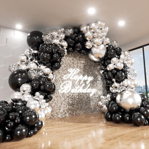 Image of Black and Silver Balloon Arch Kit, 140Pcs Different Sizes inch Black Metallic Silver Balloons and Confetti Party Balloon Garland Kit for Birthday, Wedding, Graduation, Anniversary Decorations