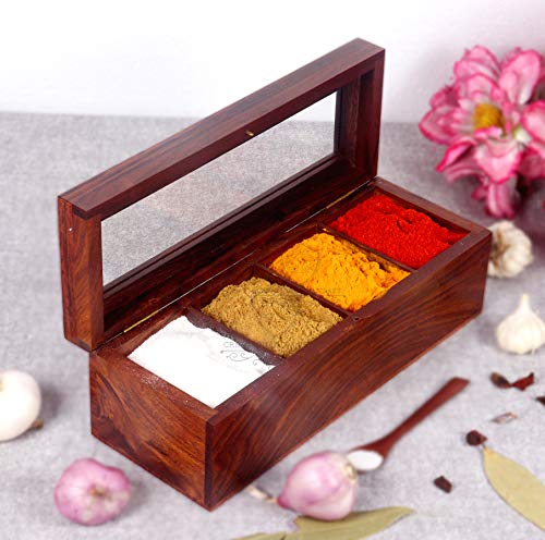 Creation India Craft Wooden Spice Box Masala Dabba Spice Rack Jars 4 Large Partition With Spoon & On Top Glass Table Top Kitchen Storage Boxes, Brown For Rs. 879 @ 45% off