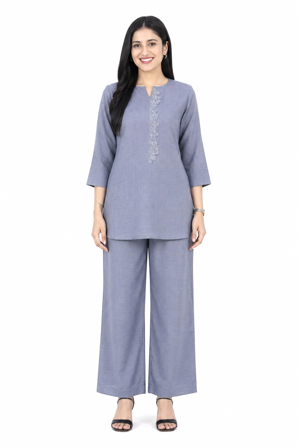 Women's Indi Vouge Viscose Blended Crush Co-ord Set | Solid A-Line Kurti with Wide Leg Pants | Round V-Neck 3/4 Sleeves Suit Set-picture-11