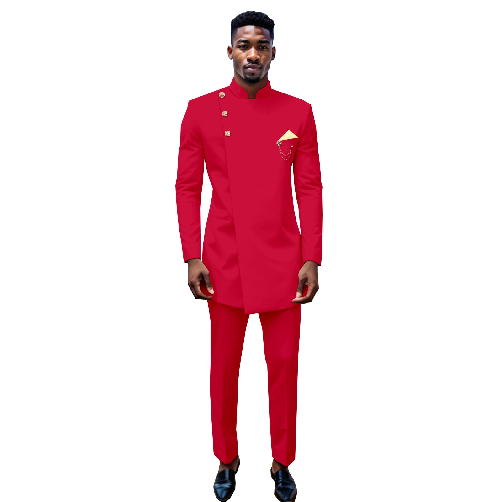 Mens Slim Fit 2 Piece Suit Three Button Gold Chain Jacket + Pants 2 Piece Set African Clothes