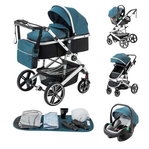 Kakbgee Carrito Bebé 3 en 1, Cochecito Bebe con ECE R129 Asiento de Coche, Cochecito con Mango Ajustable de Altura, Cochecito Carro de Visión alta con Marco de Aluminio (0-4 Años, 22 KG)