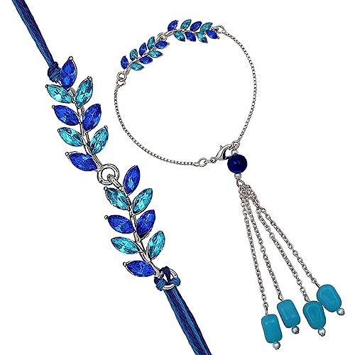 Image of Mahi Rakhi for Brother and Bhabhi with Studded Crystals and Tassels (PARCOL1105521PR)