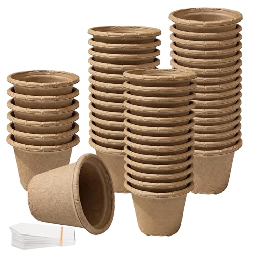 ZMCVOE Lot de 30 Pots de Semis Ronds Biodégradables de 11cm, Pots de Semis en Fibre Biodégradable avec 60 étiquettes de Plantes Godets Plantes Fibre Pot de...