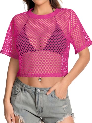 Image of Women's Mesh Top Fishnet T Shirts Sheer Loose Short Sleeve See Through Crop Tops