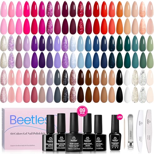 Image of Beetles Gel Nail Polish Set - Transcendent Allure 60 Colors Gel Polish Kit Orange Burgundy Red Green Brown Blue White Black Purple Glitter with Base Top Coat UV LED Needed DIY Gifts for Women