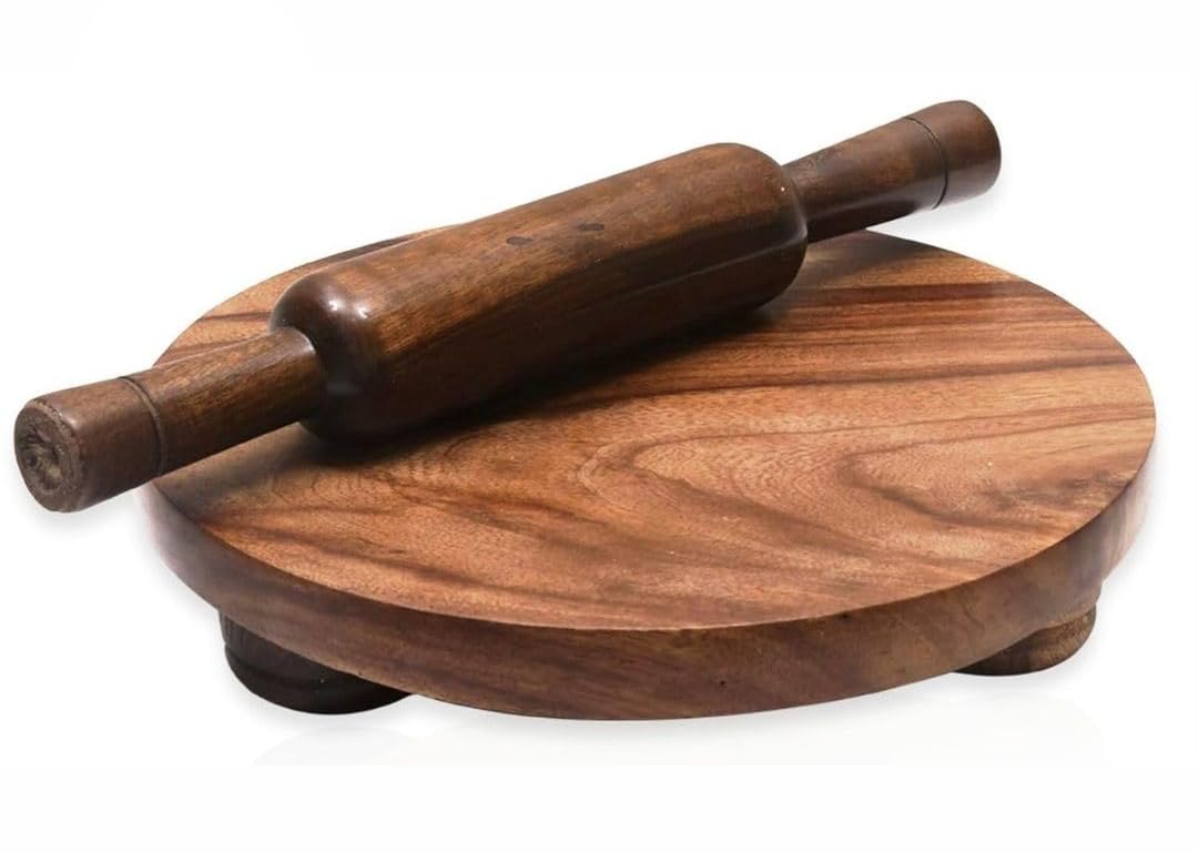 SBE(Retail) - Carved from Single Block of Rose Wood | Chakla Belan | Chopping Board | No Dyes or Polish - Natural Finish | 10 Inch Diameter 2 Inch Thick