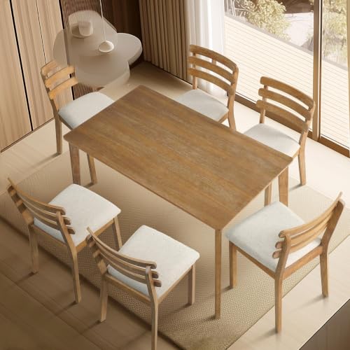 Image of Farmhouse Dining Table, Rectangular Wooden Kitchen Table, Rubberwood Legs