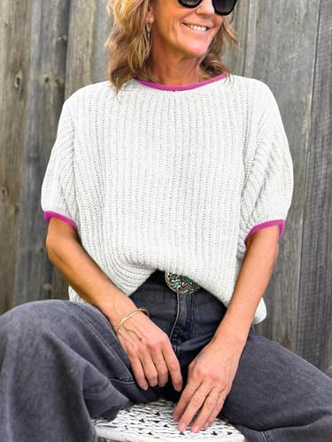 Image of Saodimallsu Womens Puff Short Sleeve Sweater Tops Spring Summer Color Block Ribbed Knit Crew Neck Going Out Shirts