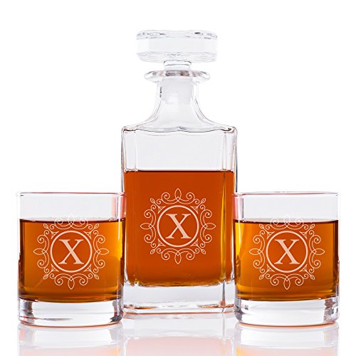 Ornate Monogram 26 oz. Classic Square Decanter and Rocks Glasses (Set of 5), Letter X