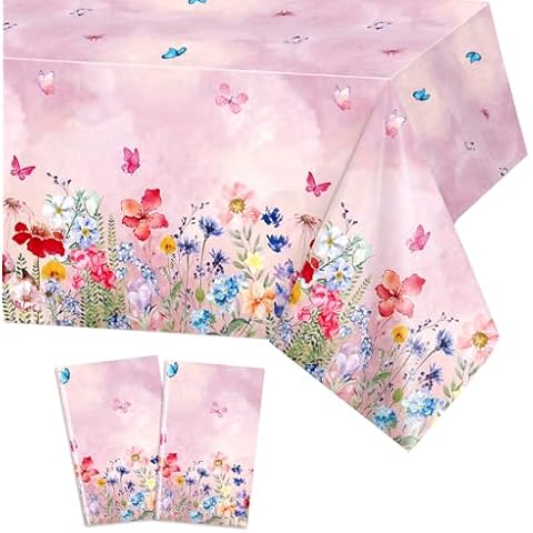 PHOGARY 2 PCS Spring Summer Floral Tablecloth, Watercolor Wildflower Tablecloth Disposable Rectangle Butterfly Tablecloths for Birthday Baby Shower Weddings Tea Party Spring Party Decorations 54"x108" Cover